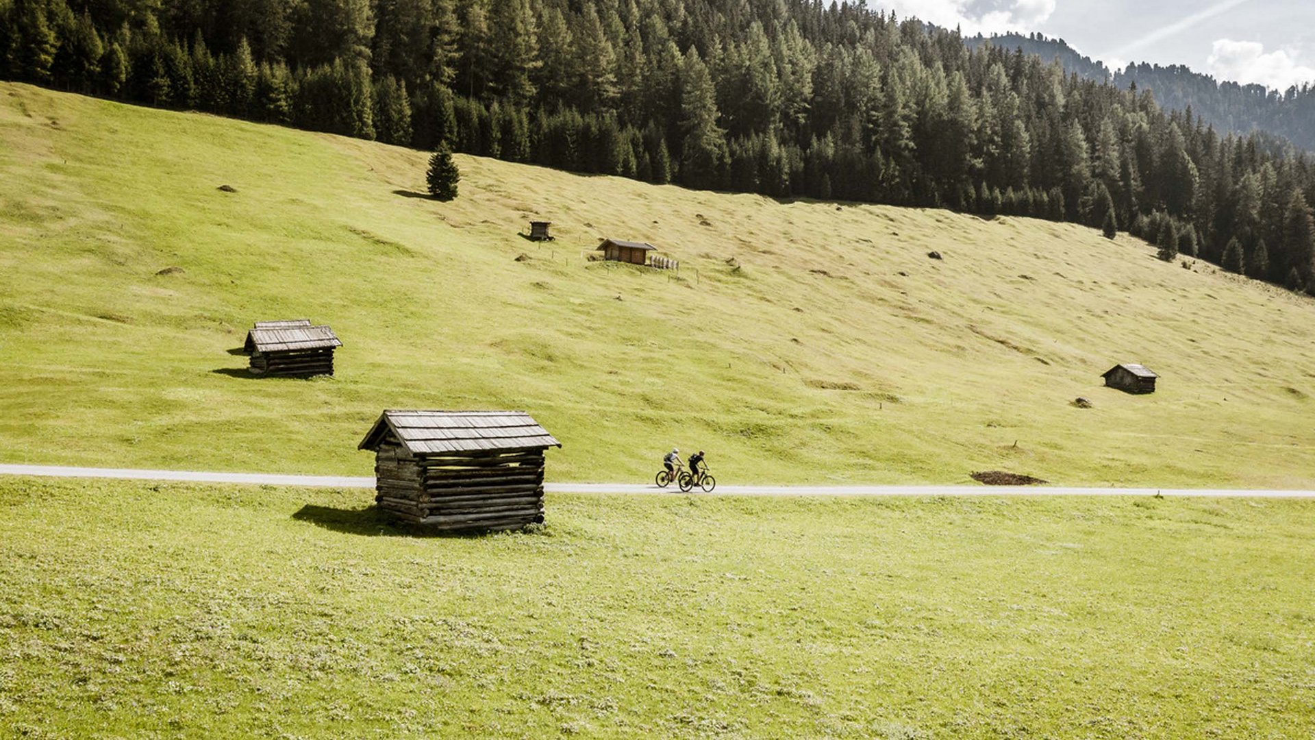 Ihr Radurlaub in Österreich/Tirol Zwei Radfahrer fahren auf einem Weg durch eine grüne Alm mit kleinen Hütten und Wäldern