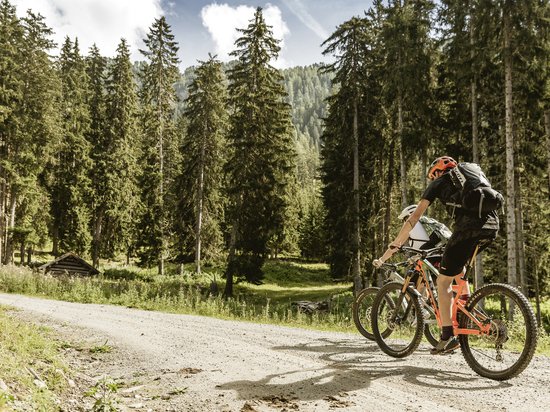 Echtes Kleinod aus dem Tiroler Oberland Zwei Mountainbiker fahren auf einem Waldweg im Gebirge