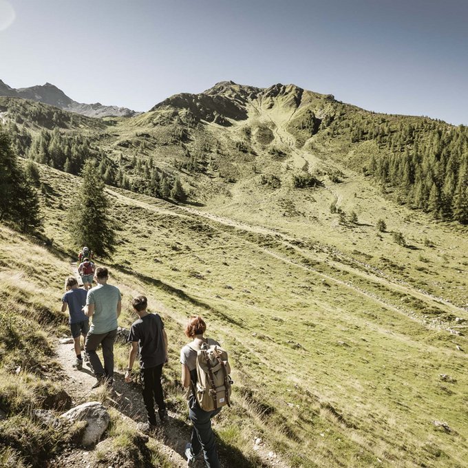 Hiking in the Tyrolean Oberland Group of hikers walking on a mountain trail in a sunny alpine landscape